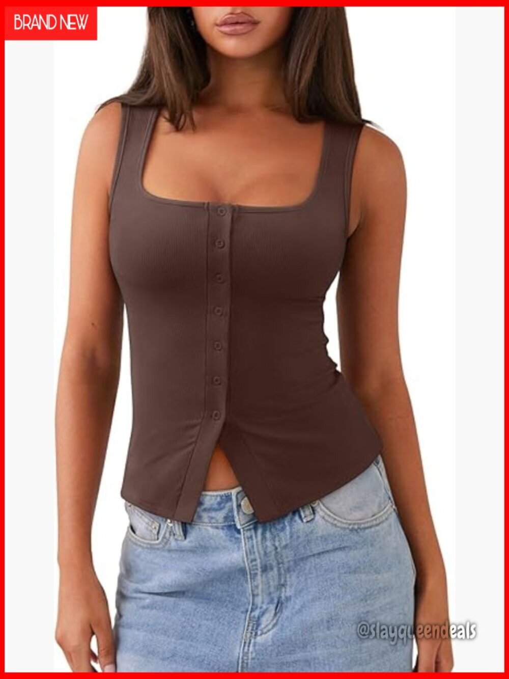 Ribbed Square Neck Button Down Crop Tank Top Sleeveless Y2K Going Out